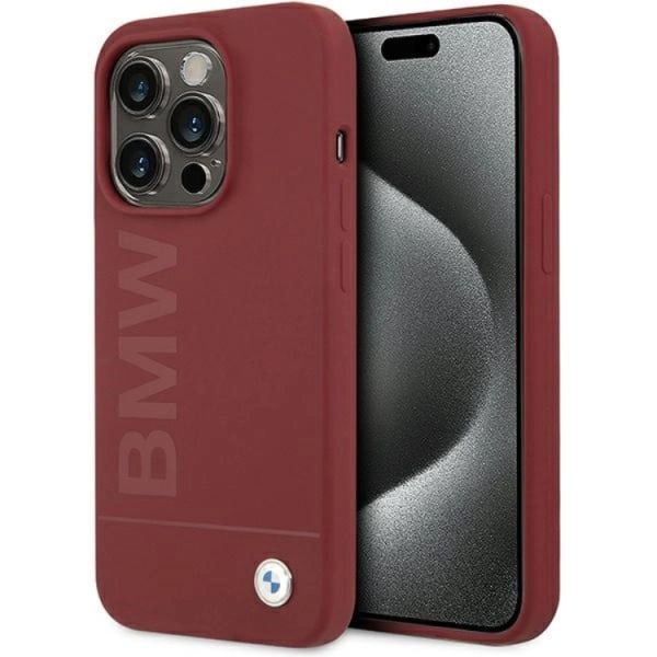 BMW iPhone 15 Pro Max Mobiltaske Magsafe Silikone Big Logo - Rød