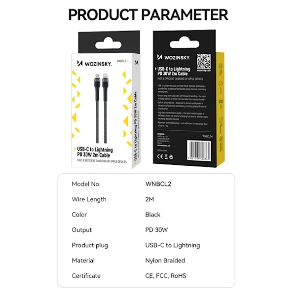 Wozinsky USB-C till Lightning kabel PD 30W 2m - Svart