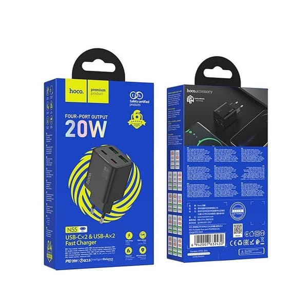 Hoco Hurtigoplader PD 20W 2xUSB-A 2xUSB-C QC3.0 3A N55 - Sort Svart