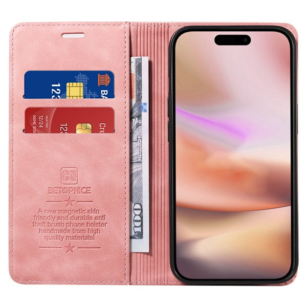 BETOPNICE 003 iPhone 16 Plus Plånboksfodral RFID Blocking Konstläder - Rosa