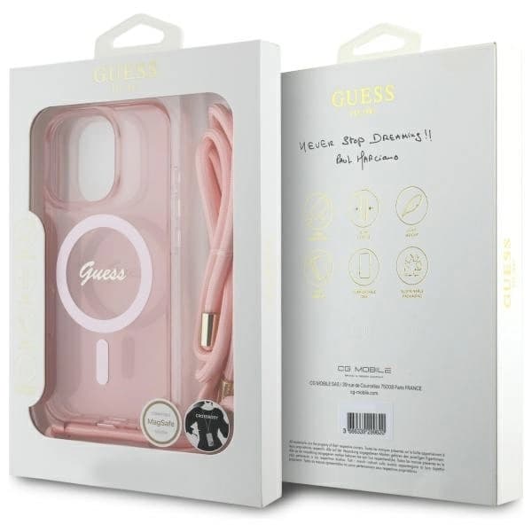 Guess Mobilskal till iPhone 16 Pro Max MagSafe Crossbody Cord Script - Rosa Rosa