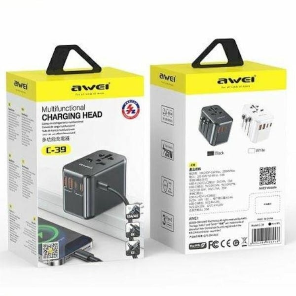 Awei 4in1 GaN Reseadapter 35W 3xUSB-C 2xUSB-A C-39 - Svart Svart