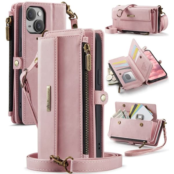 Caseme iPhone 14 Plus Konstläder Plånboksfodral RFID-Skydd Zipper - Rosa Rosa