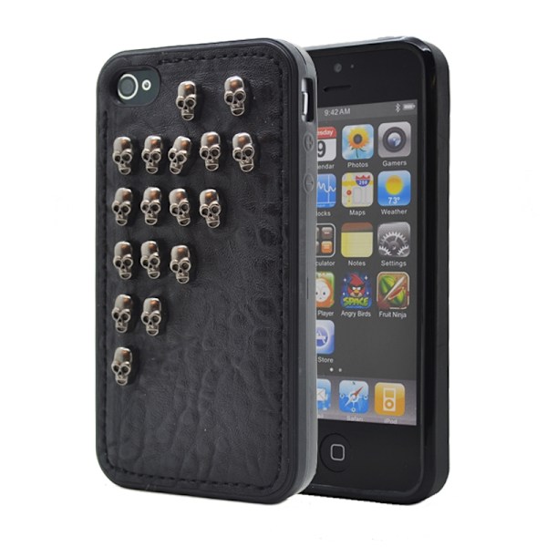 Studded leather pattern FlexiSkal till Apple iPhone 4S/4 (Half Skulls) Svart