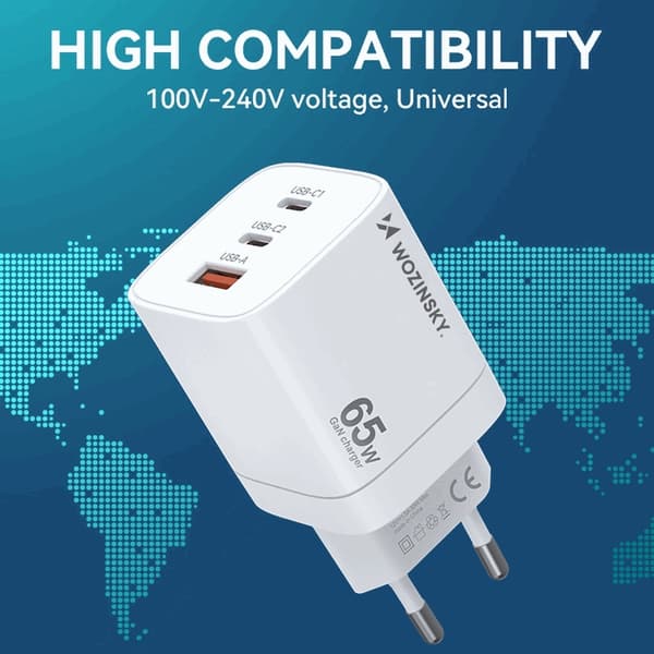 Wozinsky Väggladdare CGWCW 65W USB-A/2 x USB-C GaN - Vit Vit