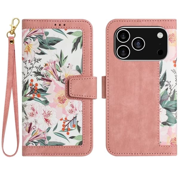 iPhone 17 Pro Plånboksfodral Floral Konstläder - Rosa Rosa