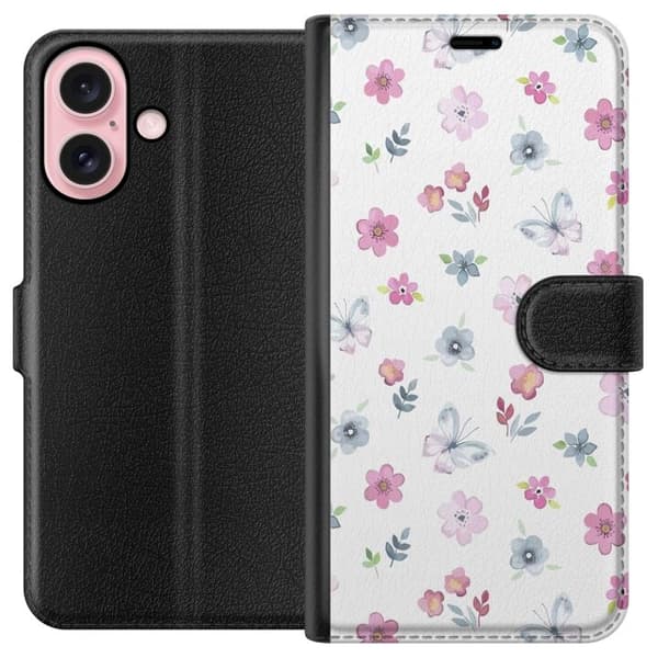 Apple iPhone 16 tegnebog med blomster og sommerfugle
