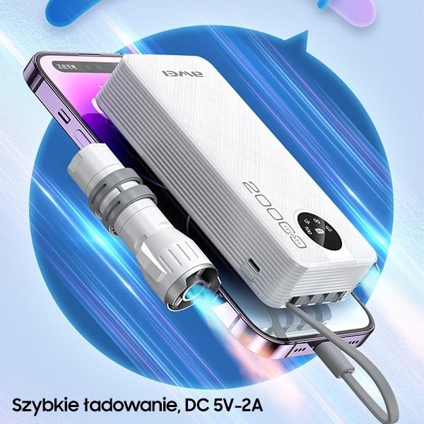 Awei Powerbank 20000mAh med Micro-USB/USB-C/Lightning Kabel - Sort Black