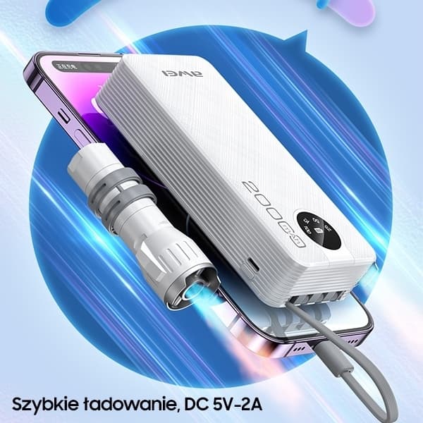 Awei Powerbank 20000mAh Med Micro-USB/USB-C/Lightning Kabel - Svart Black