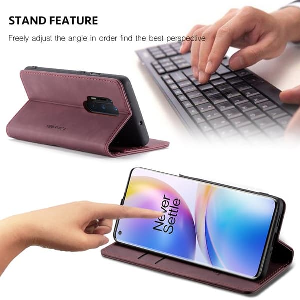 CASEME Series Plånboksfodral Konstläder för OnePlus 8 Pro - Vinröd