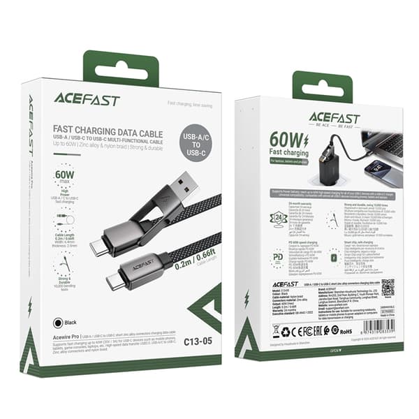 Acefast USB-C - USB-A - USB-C 3A Kabel 0,2 m 480 MB/s Sort Svart