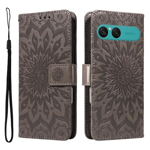 Sony Xperia 10 VII Konstläder Plånboksfodral Sunflower Imprinted - Grå Grå
