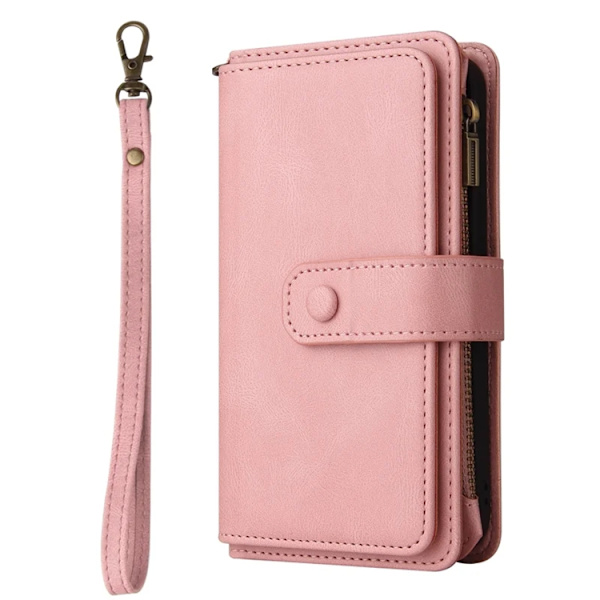 iPhone 17 Air Konstläder Plånboksfodral Zipper Rem Rosa