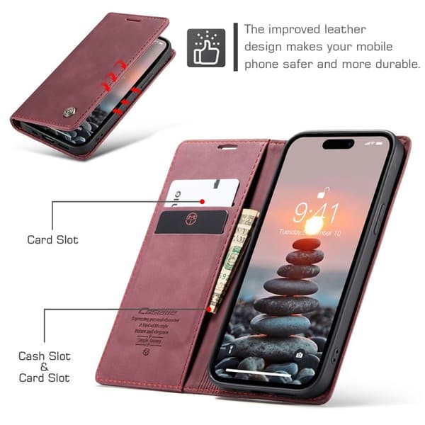 CASEME 013 iPhone 15 Pro KonstläderPlånboksfodral Ställ - Röd