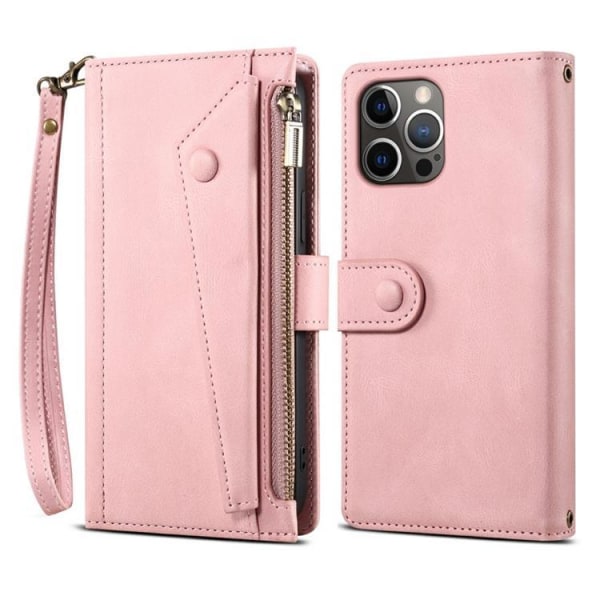 iPhone 14 Pro Max Wallet Case Flap Lynlåsrem - Pink