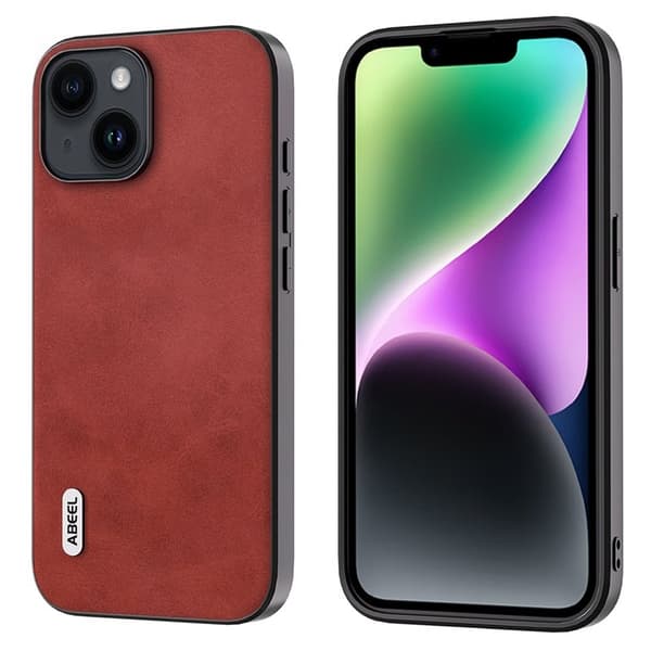 ABEEL Mobilskal till iPhone 14 Cowhide Textur Röd PU Läder TPU+PC