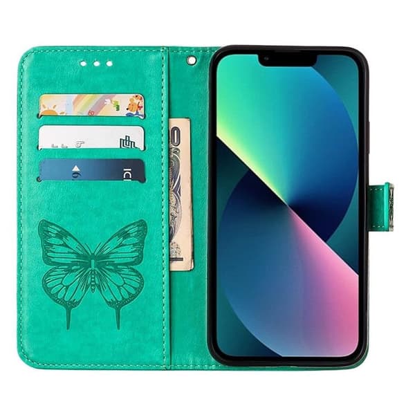 iPhone 14 Pro Max Plånboksfodral Butterfly Flower Imprinted - Grön Grön