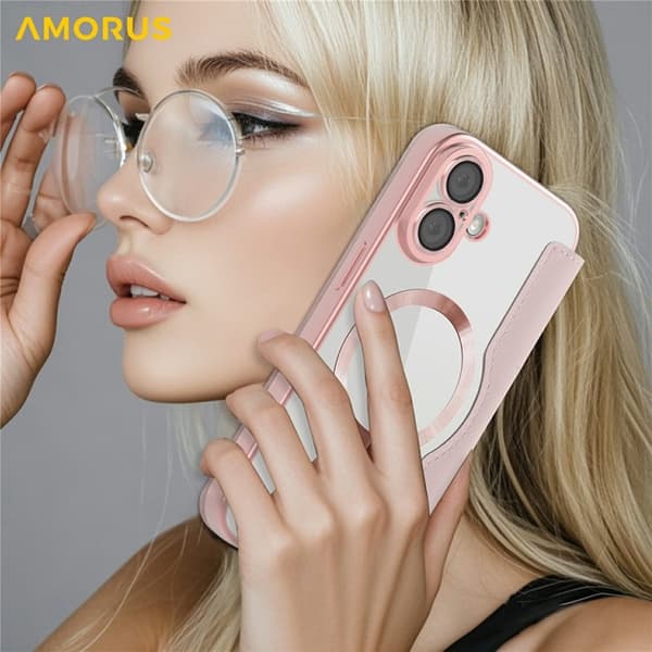 AMORUS iPhone 17 Plånboksfodral MagSafe RFID-Skydd - Rosa Rosa