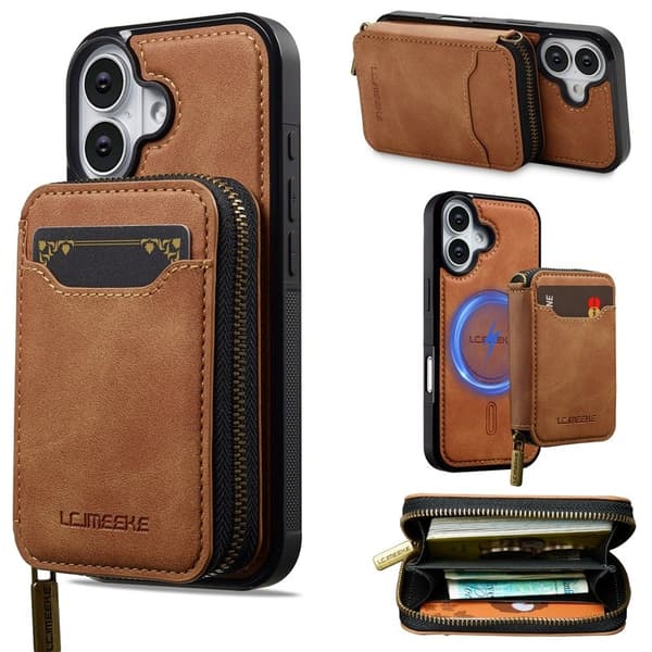 LC.IMEEKE L6 iPhone 16 Plånboksfodral Konstläder - Brun