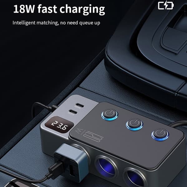 3in1 Billaddare 35W 3x USB-A/2x USB-C Cigarette Adapter 120W Svart