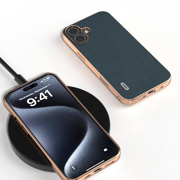 ABEEL Mobilskal till iPhone 16 Plus Electroplating Äkta Läder Grön