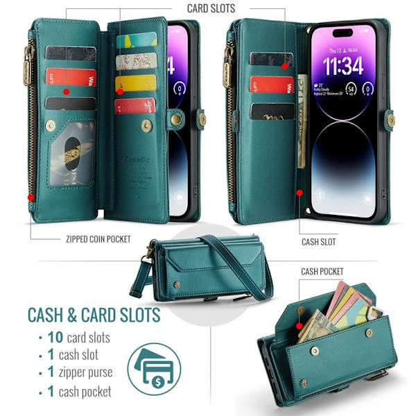 CASEME Plånboksfodral Konstläder för iPhone 14 Pro Max - Grön