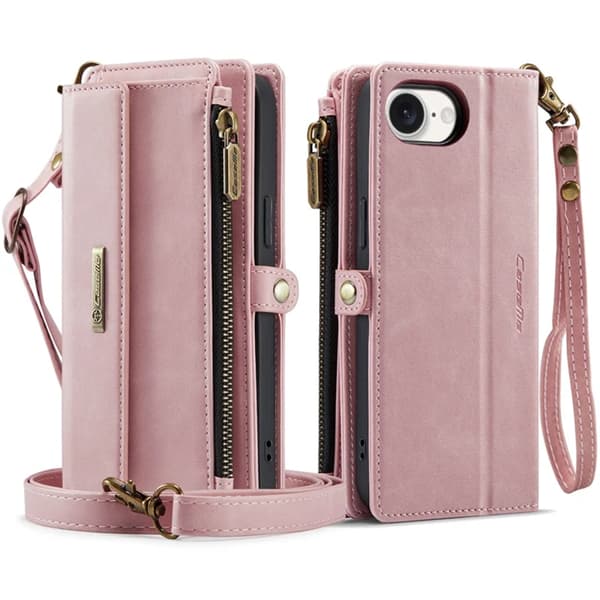 Caseme iPhone 16e Konstläder Plånboksfodral RFID-Skydd Zipper - Rosa Rosa