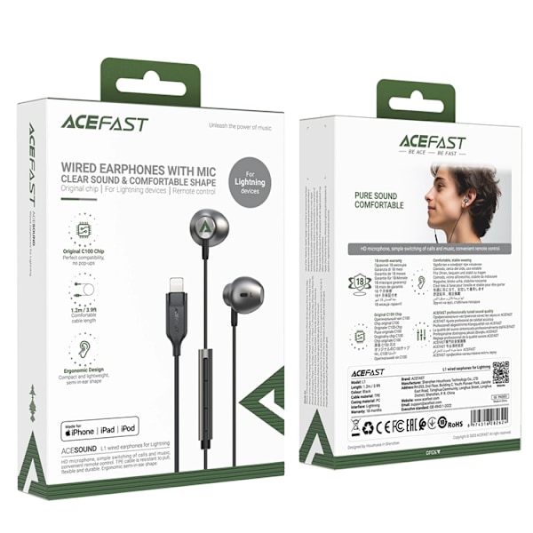 Acefast In-Ear Lightning Hörlurar 1.2m - Svart Svart