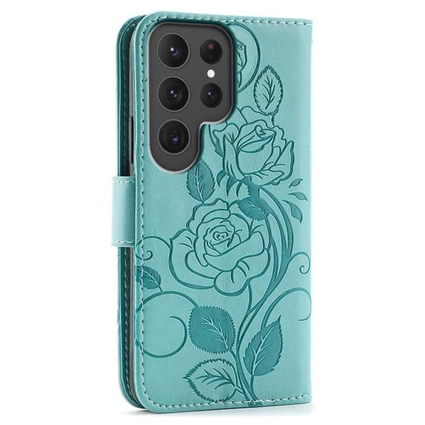 Galaxy S25 Ultra Konstläder Plånboksfodral Imprinted Rosa Butterfly - Grön Grön