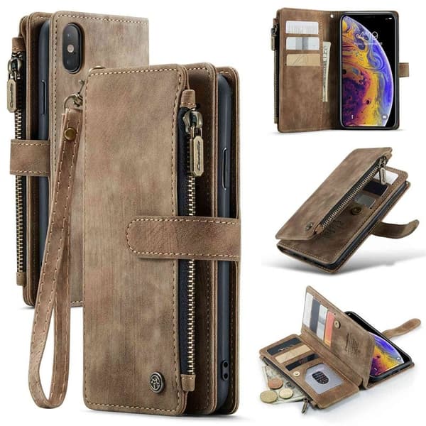 CASEME Konstläder Plånboksfodral för iPhone XS Max med Rem - Brun