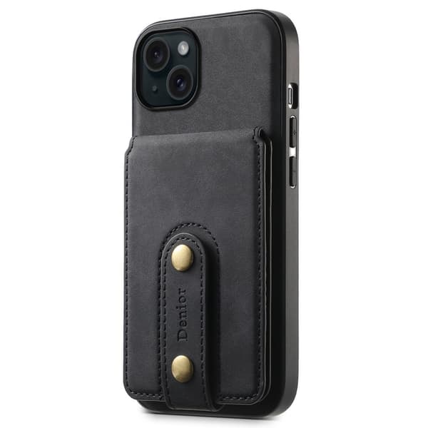 DENIOR D14 Mobilskal till iPhone 15 Plus Äkta Läder Retro Svart