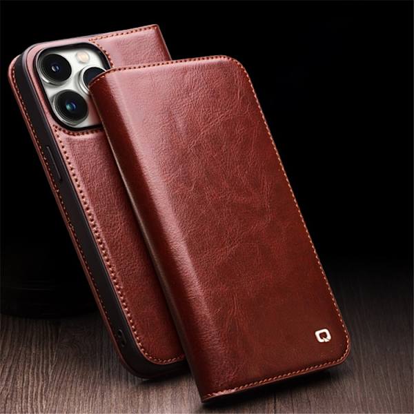 QIALINO iPhone 15 Pro Plånboksfodral Äkta Läder Shockproof Brun