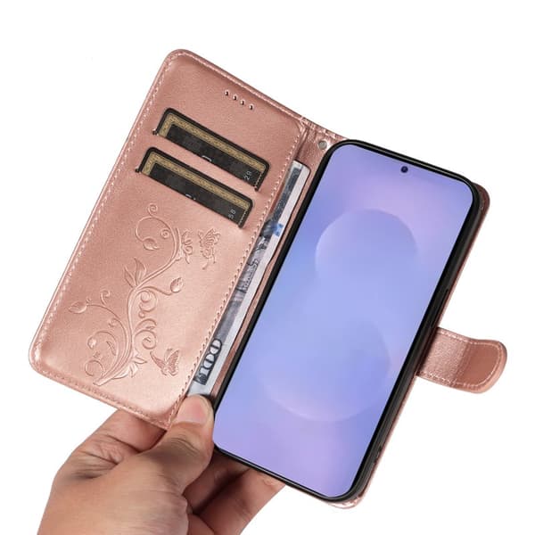 Plånboksfodral för Samsung Galaxy S26 Plus Konstläder Blommönster - Roséguld