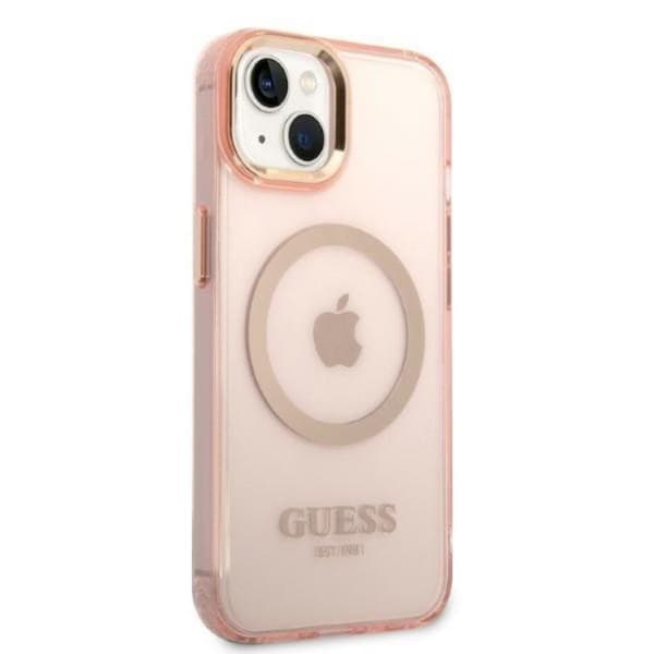 GUESS iPhone 14 Plus Skal MagSafe Guld Outline Translucent - Rosa Rosa
