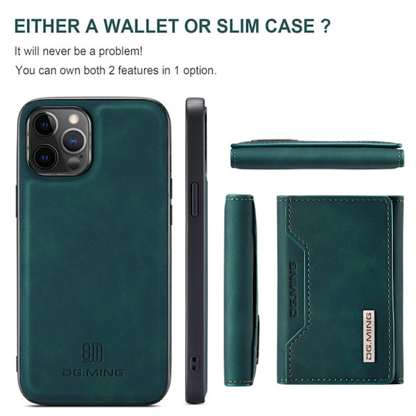 DG.MING M2 Series 2-in-1 Tri-Fold Wallet Mobilskal iPhone 13 Pro Grön