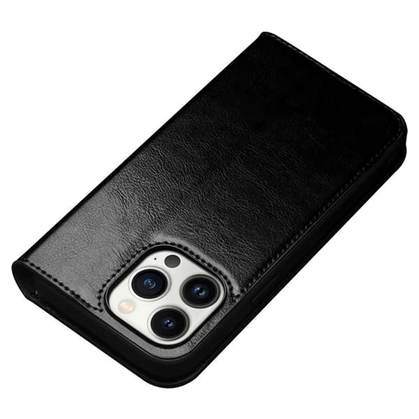 QIALINO iPhone 14 Pro Max Plånboksfodral Äkta Läder Drop Proof Svart