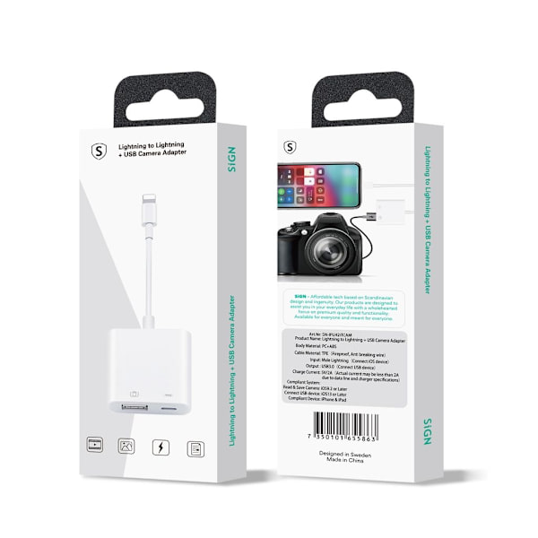 SiGN Lightning & USB Kamera Adapter 5V 1A - Vit Vit