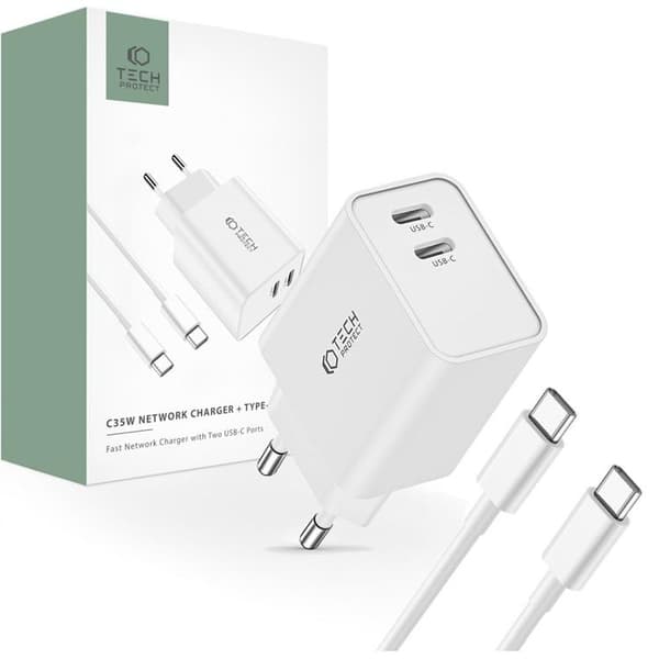 Tech-Protect 2-Port Netværk Oplader Med USB-C Kabel - Hvid