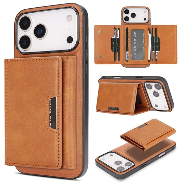 Mobilskal till iPhone 17 Pro MagSafe Kickstand Tri-fold Korthållare Brun