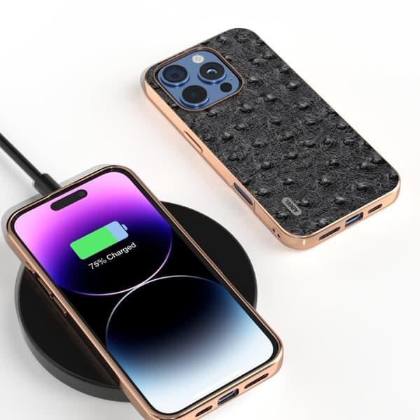 ABEEL Mobilskal till iPhone 16 Pro Max Electroplating Äkta Läder Svart