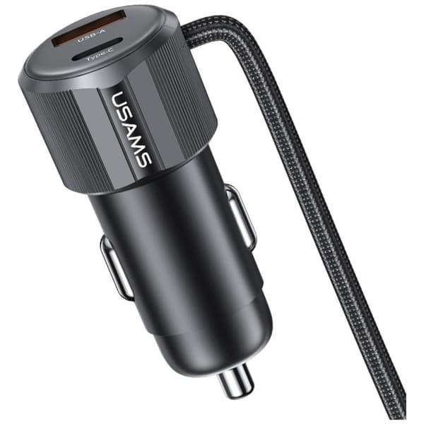 USAMS biloplader 66W 1xUSB-A 1xUSB-C med USB-C/Lightning-kabel Svart