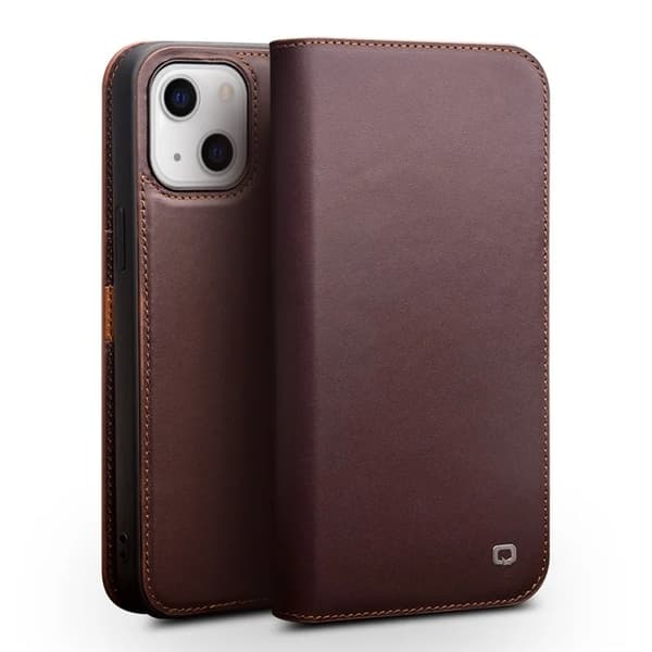 QIALINO iPhone 13 Mini Plånboksfodral Cowhide Äkta Läder - Brun Brun