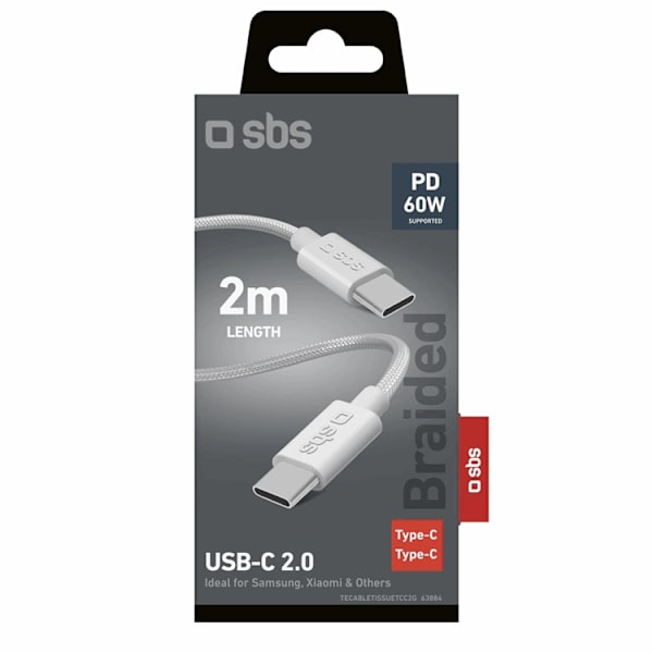 SBS 2 x USB-C Kabel 2m 60W med Power Delivery - Grå