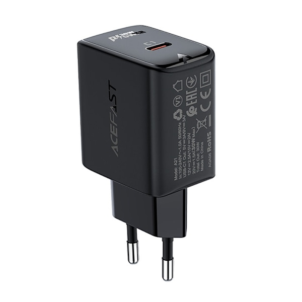 Acefast GaN seinäteulaite USB-C 30W - Musta Black