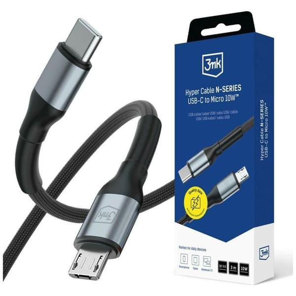 3MK USB-C till Micro-USB 10W Kabel 5V/2A 3m N-SERIES Hyper - Svart Svart