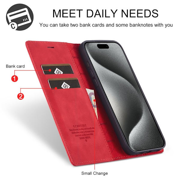 LC.IMEEKE iPhone 16 Pro Plånboksfodral Konstläder- Röd
