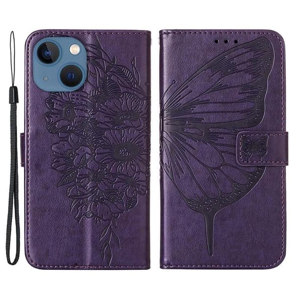 iPhone 14 Plus -lompakkokotelo Butterfly Flower Imprinted - Lila