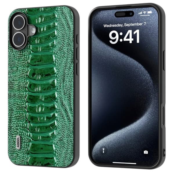 ABEEL Mobilskal till iPhone 16 Plus Äkta Läder Krokodil Grön