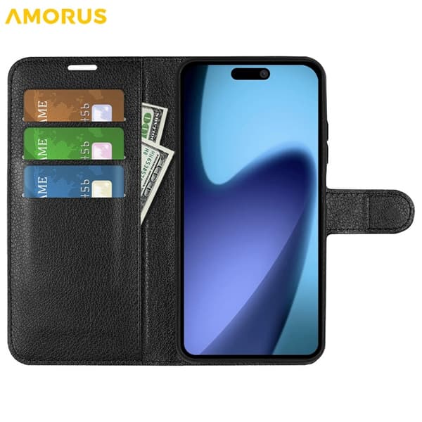 AMORUS iPhone Air Konstläder Plånboksfodral Flipstativ Litchi - Svart Svart