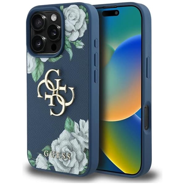 Guess Mobilskal till iPhone 16 Pro Max Grained Roses Big 4G logo Blå